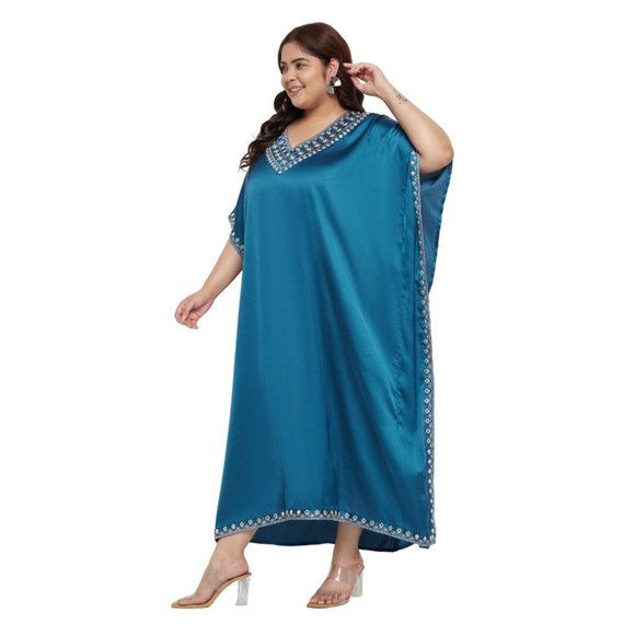 Gypsie Blu Solid Satin Embroidery Corsair Blue Women Kaftan Dress Plus Size Maxi - Picture 3 of 6